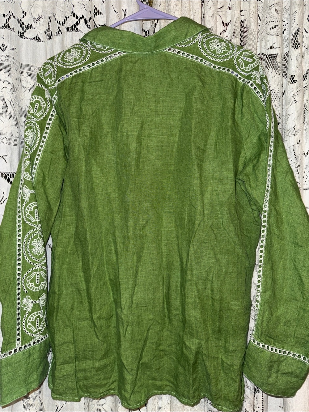 J. Crew Green Linen Embroidered Button-Up top - Picture 5 of 8